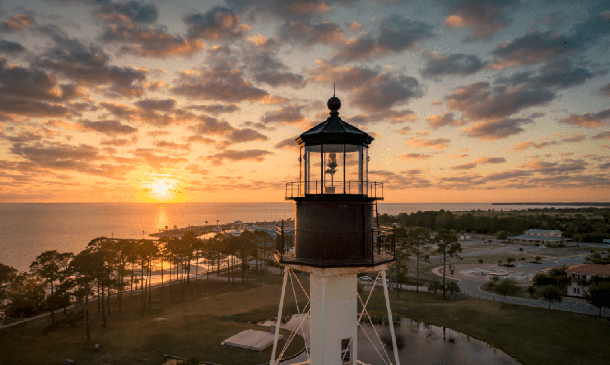Lighthouse overlooking the Gulf Coast at sunset in Port St. Joe, Florida.